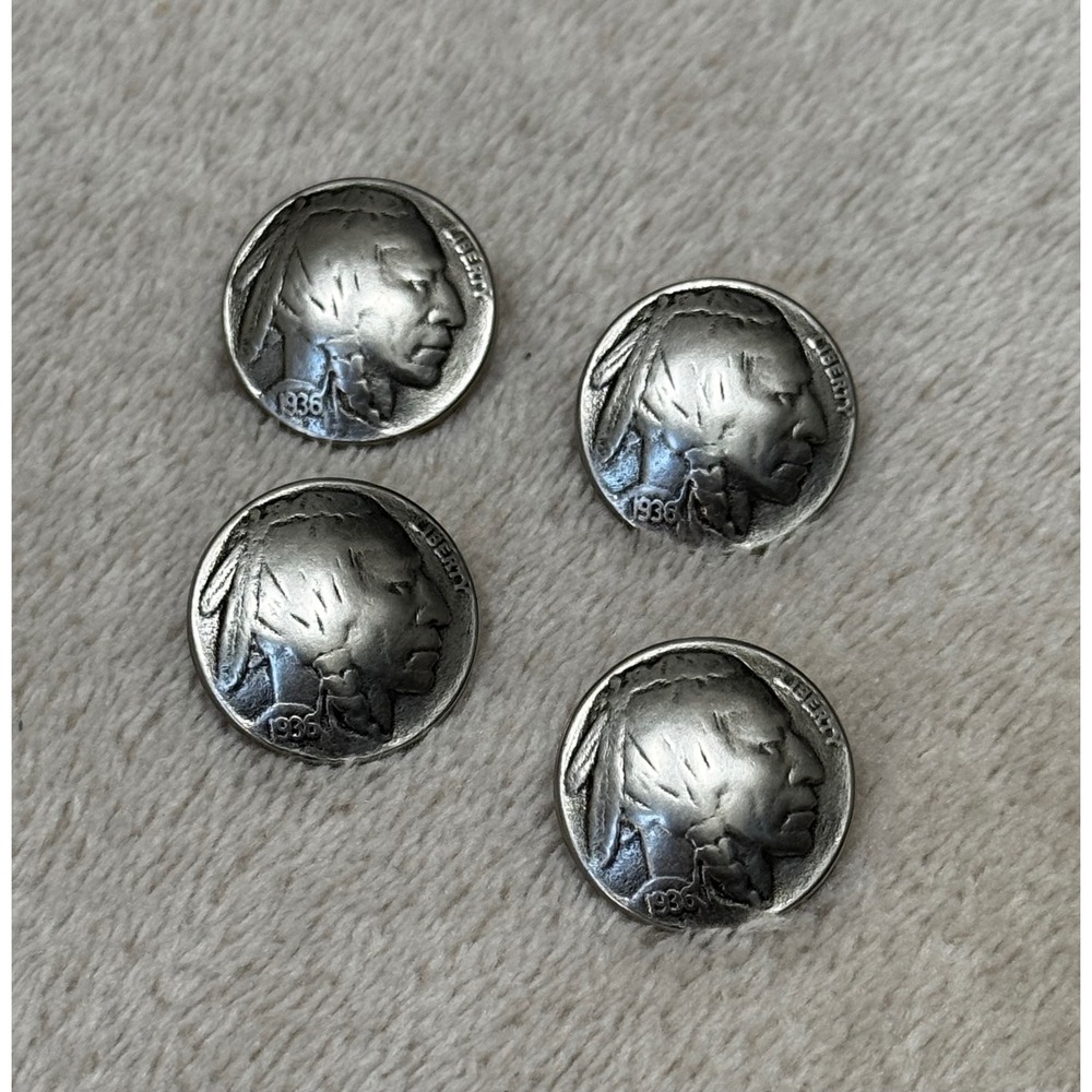 Set of 4 Vintage 1936 Buffalo Nickel‎ Replica Shank Buttons Silver Tone Metal